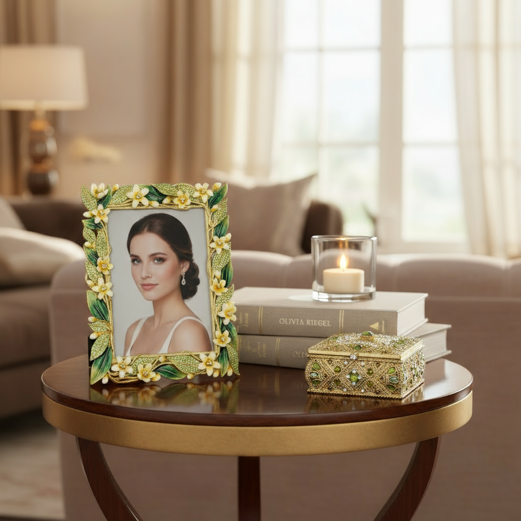 Maureen Box with Hannah frame on a table in a living room.