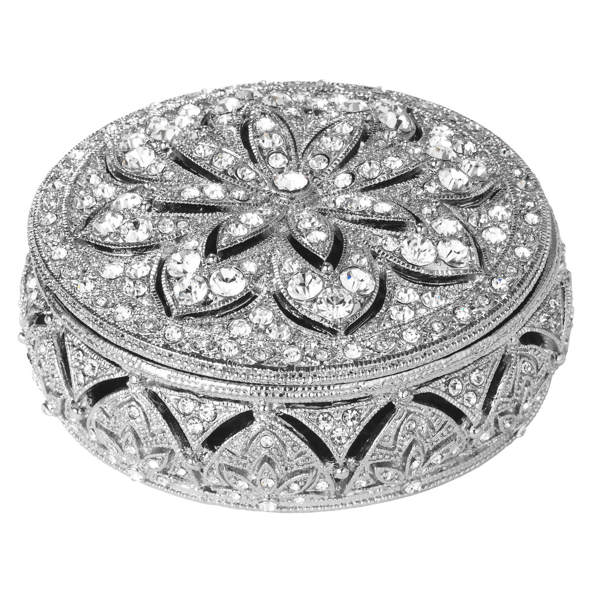 Silver Windsor Round Box with clear crystals and inset floral motif
