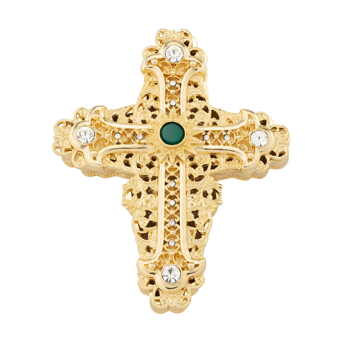 Gold decorative Cross Box with center green gemstone and clear crystals at the ends. Scalloped border.