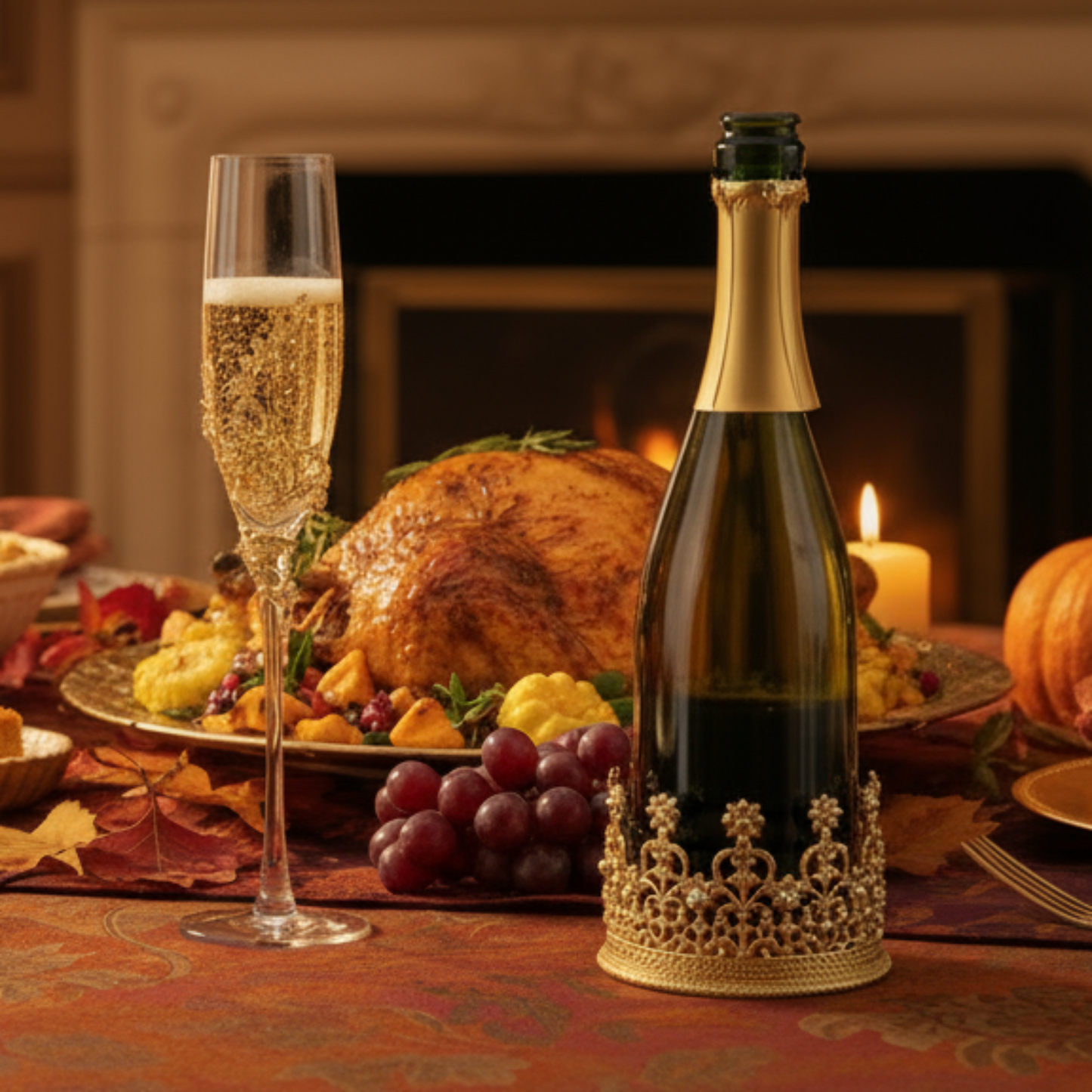 Bottle of wine in Diana Crown Candle Holder, Gold Eleanor flute filled with champagne, roasted turkey, and pumpkins on a festive table with a fireplace in the background.