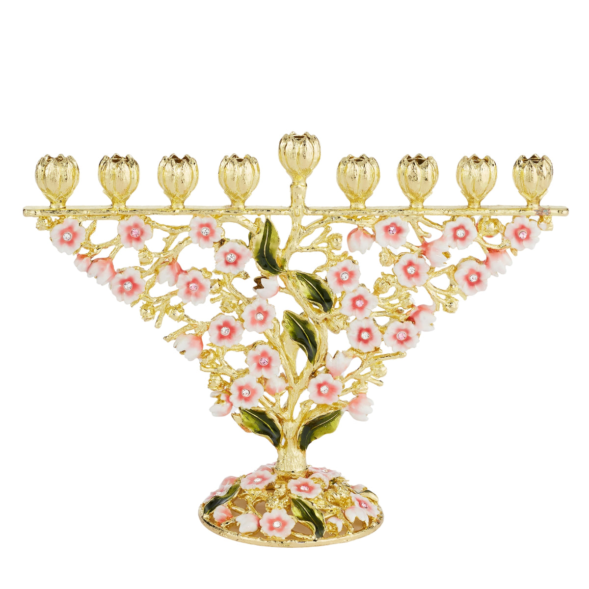 Gold Bella Menorah with tiny pink and blush flowers and green leaves. Open-branch pattern. Inverted triangular silhouette.