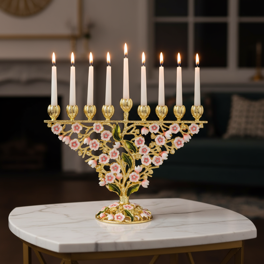 Lit Bella Menorah on a marble side table