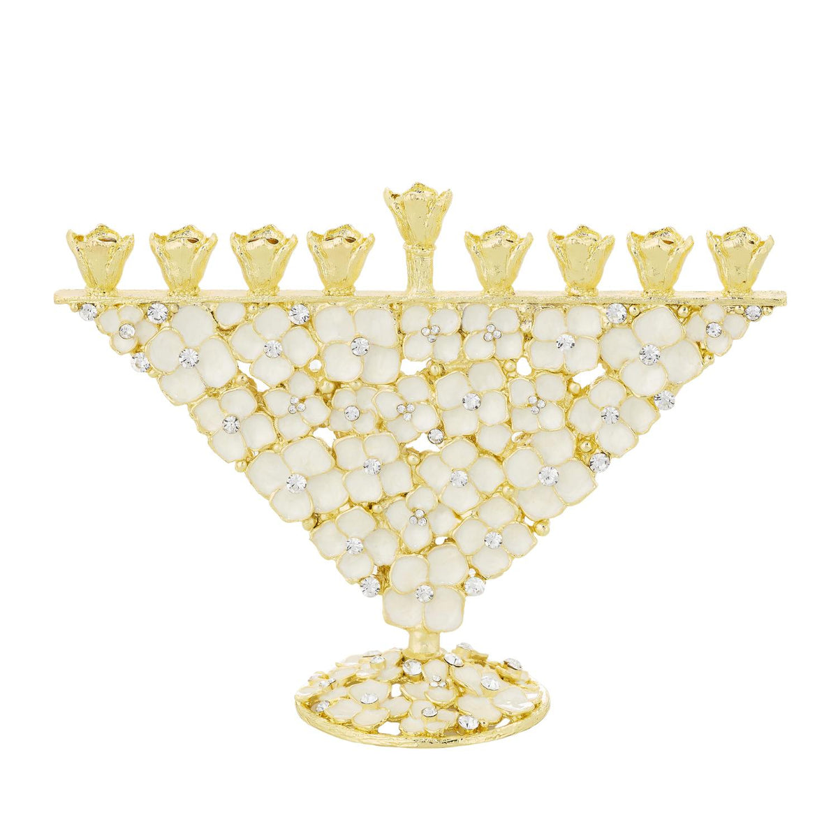 Gold Dogwood Menorah with ivory enamel floral pattern and an inverted triangle silhouette.