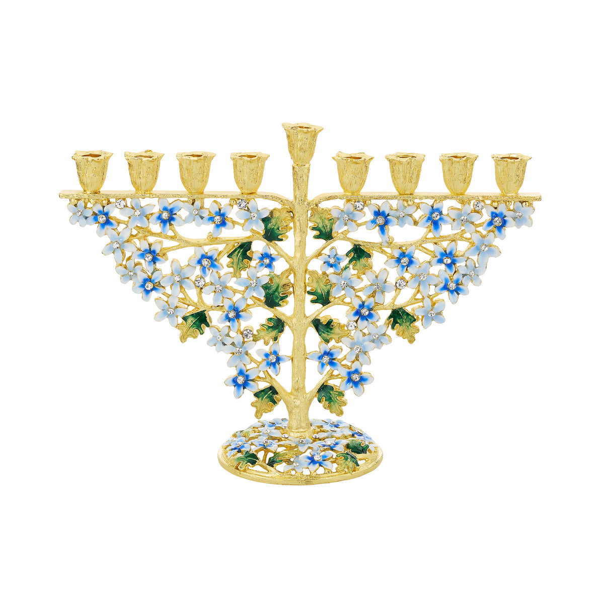 Gold Daphne Menorah accented with tiny blue and green floral pattern. Inverted triangle silhouette.