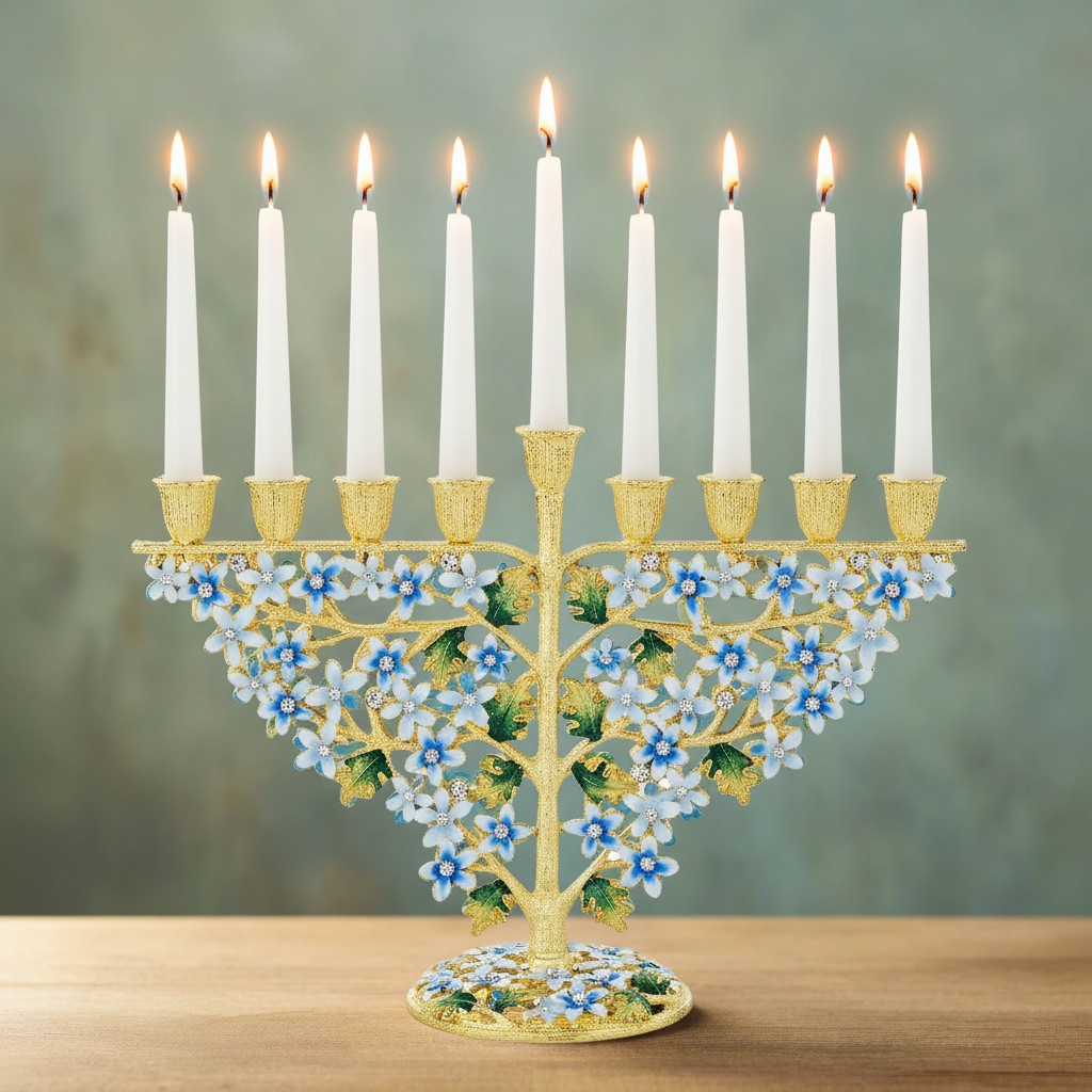 Lit Daphne Menorah on a wood table against a blue-green wall.