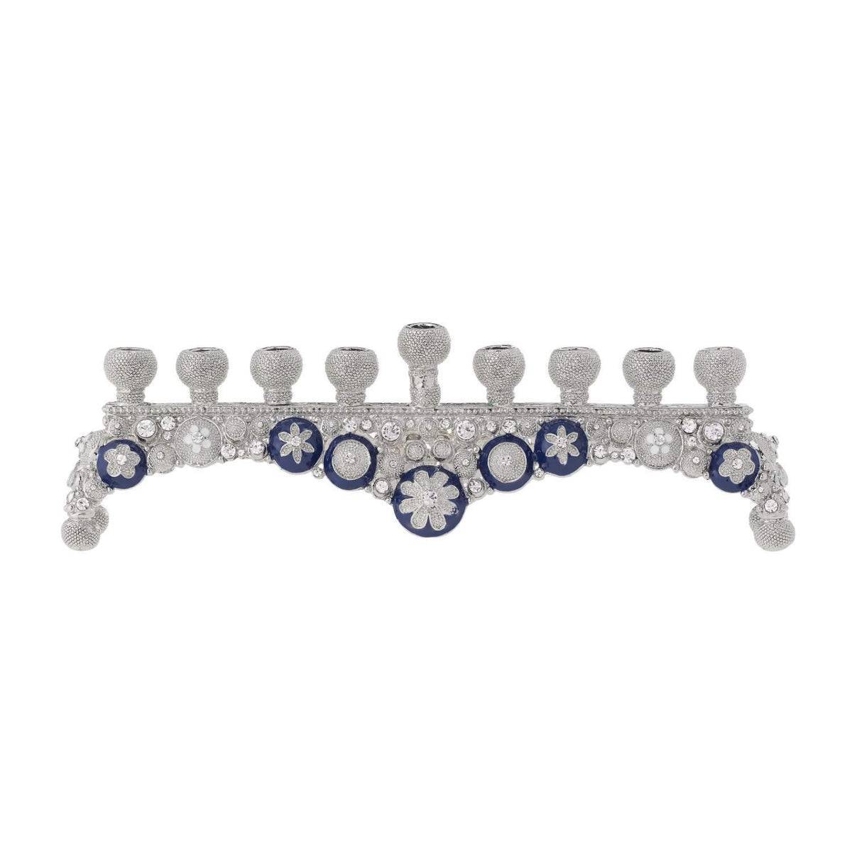 Blue & White Charisma Menorah featuring ornate navy, white and silver floral scrollwork.