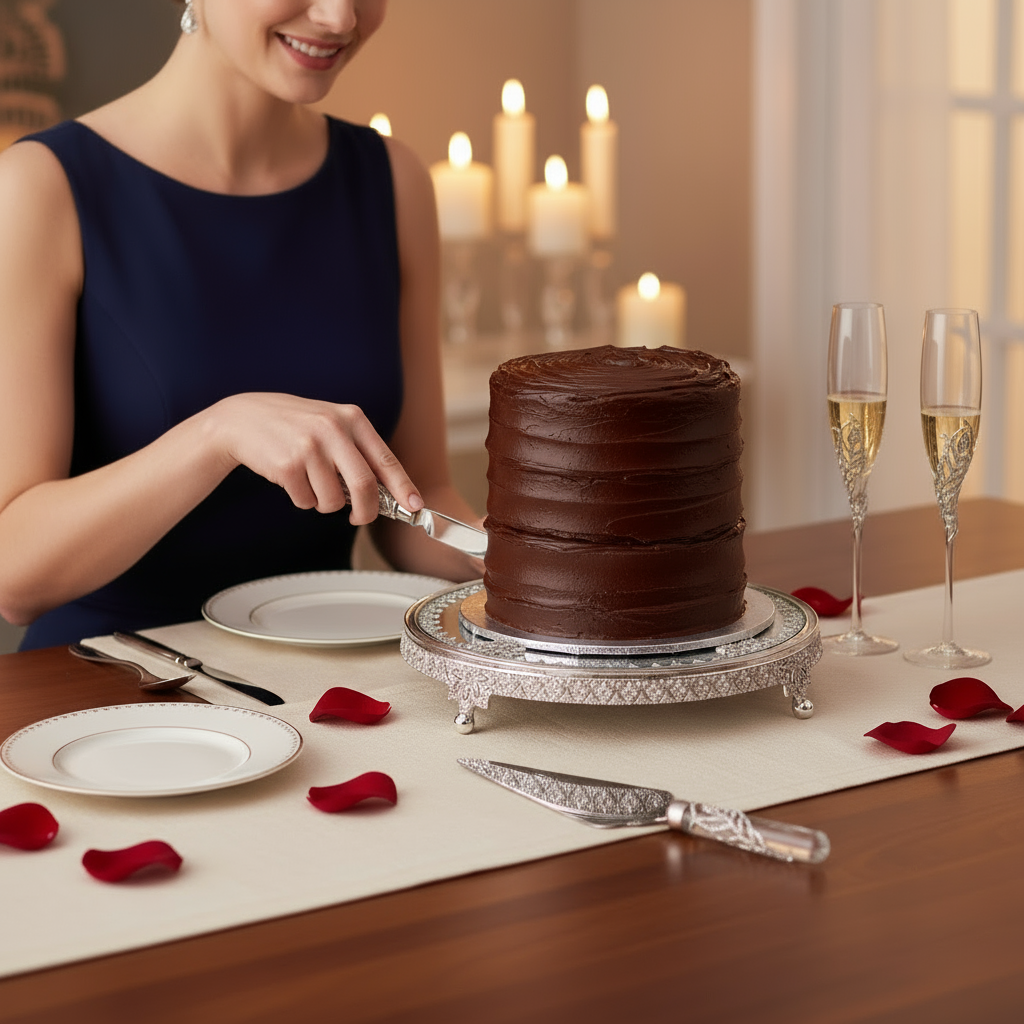 Woman cutting a chocolate cake with the Mora Dessert Serving Set on a Windsor Cake Plateau with candles and Mora champagne flutes.