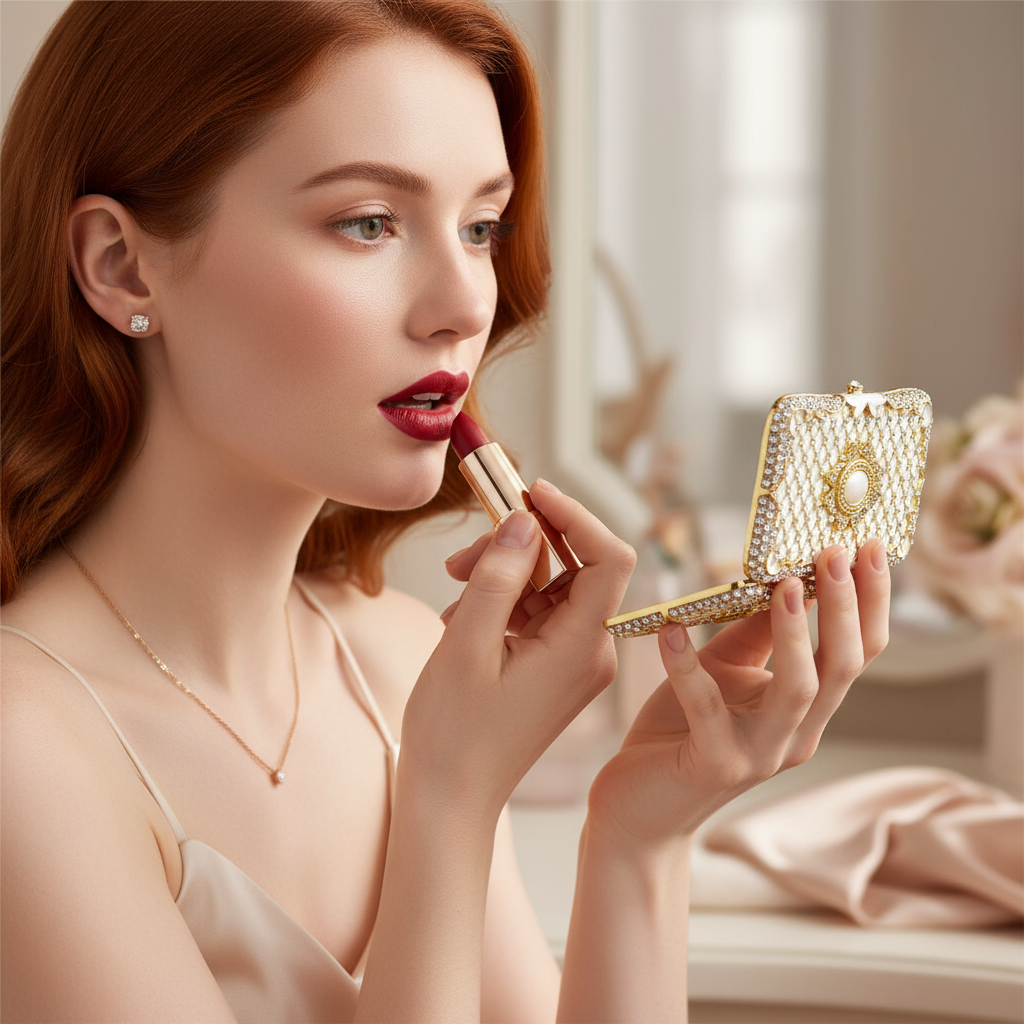 Woman applying red lipstick with a decorative handbag in the background