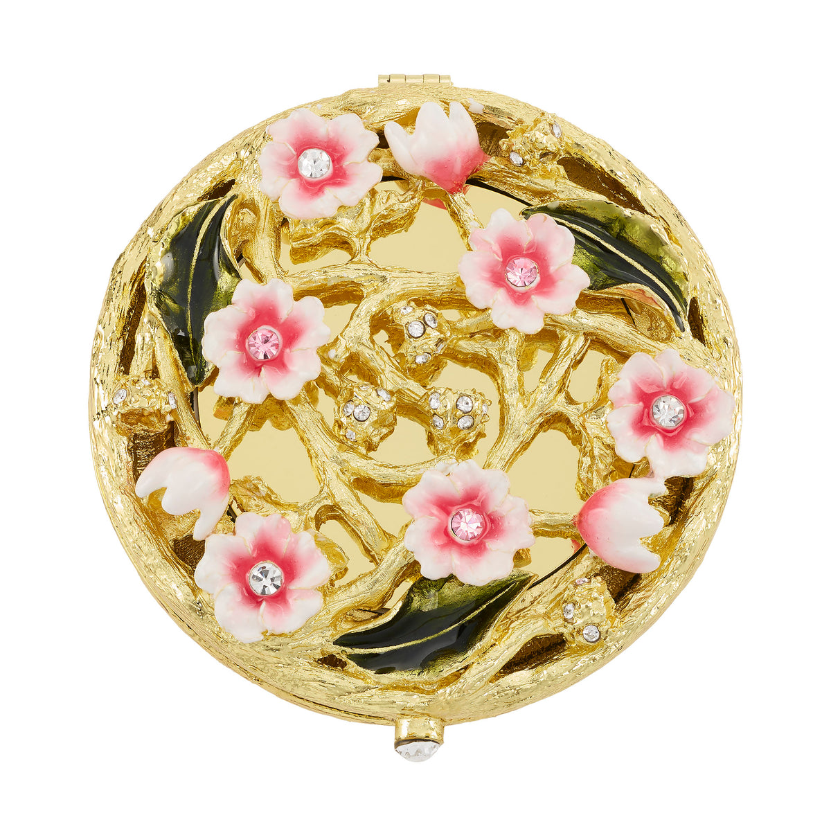 Bella Compact with tiny pink and blush flowers and green leaves. Open-branch pattern.