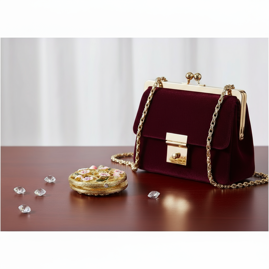 Burgundy handbag with gold chain and clasp on a wooden surface with Bella Compact mirror.