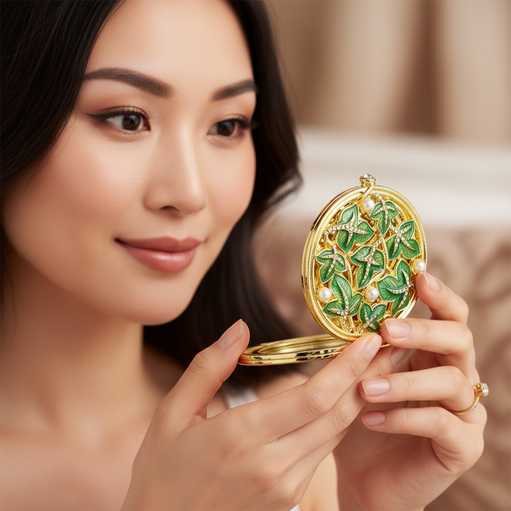 Woman holding an Ivy compact mirror with green leaves and gold frame.