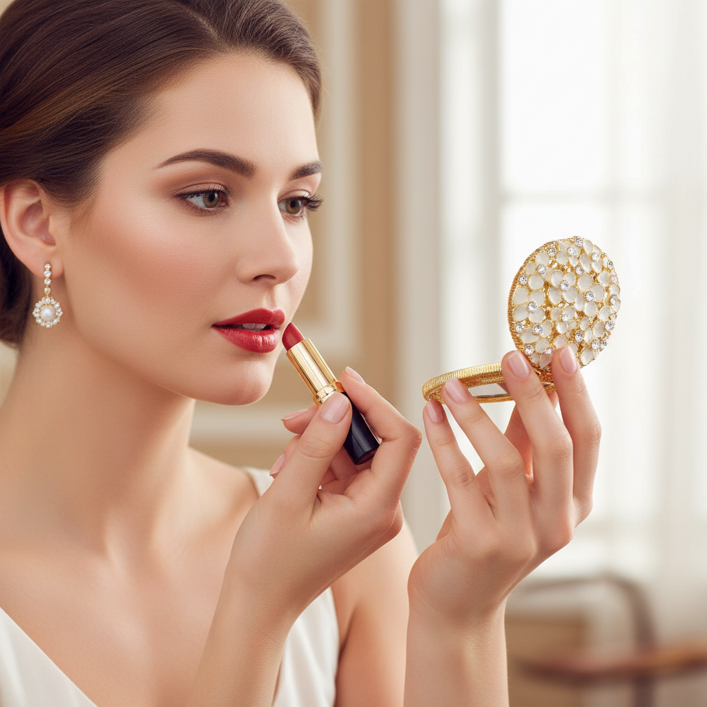 Woman applying lipstick with a Dogwood compact mirror.