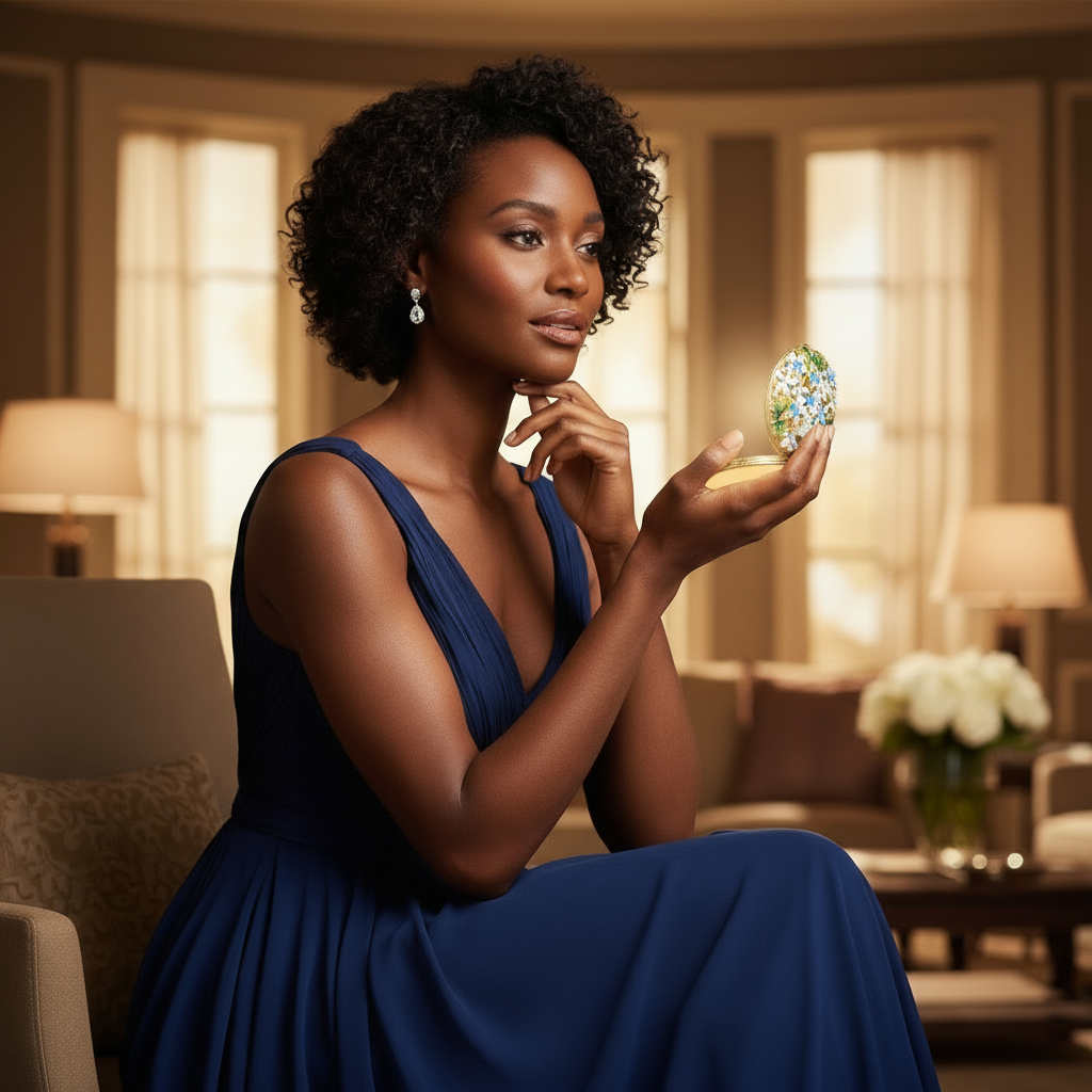 Woman in a blue dress checking her makeup with the Daphne Compact.