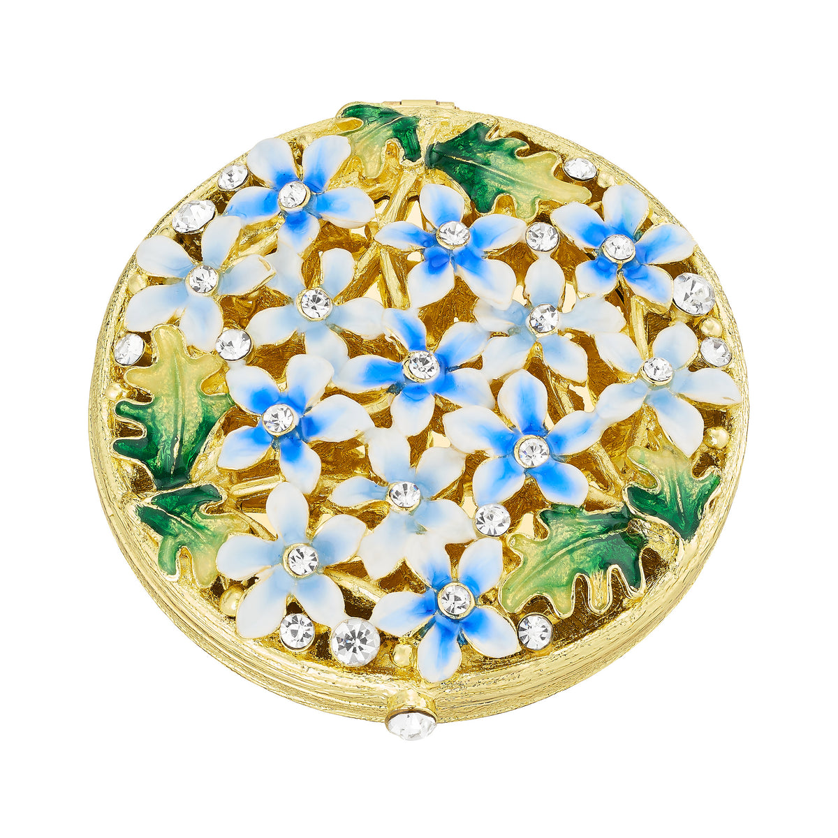 Gold Daphne Compact accented with tiny blue and green floral pattern.