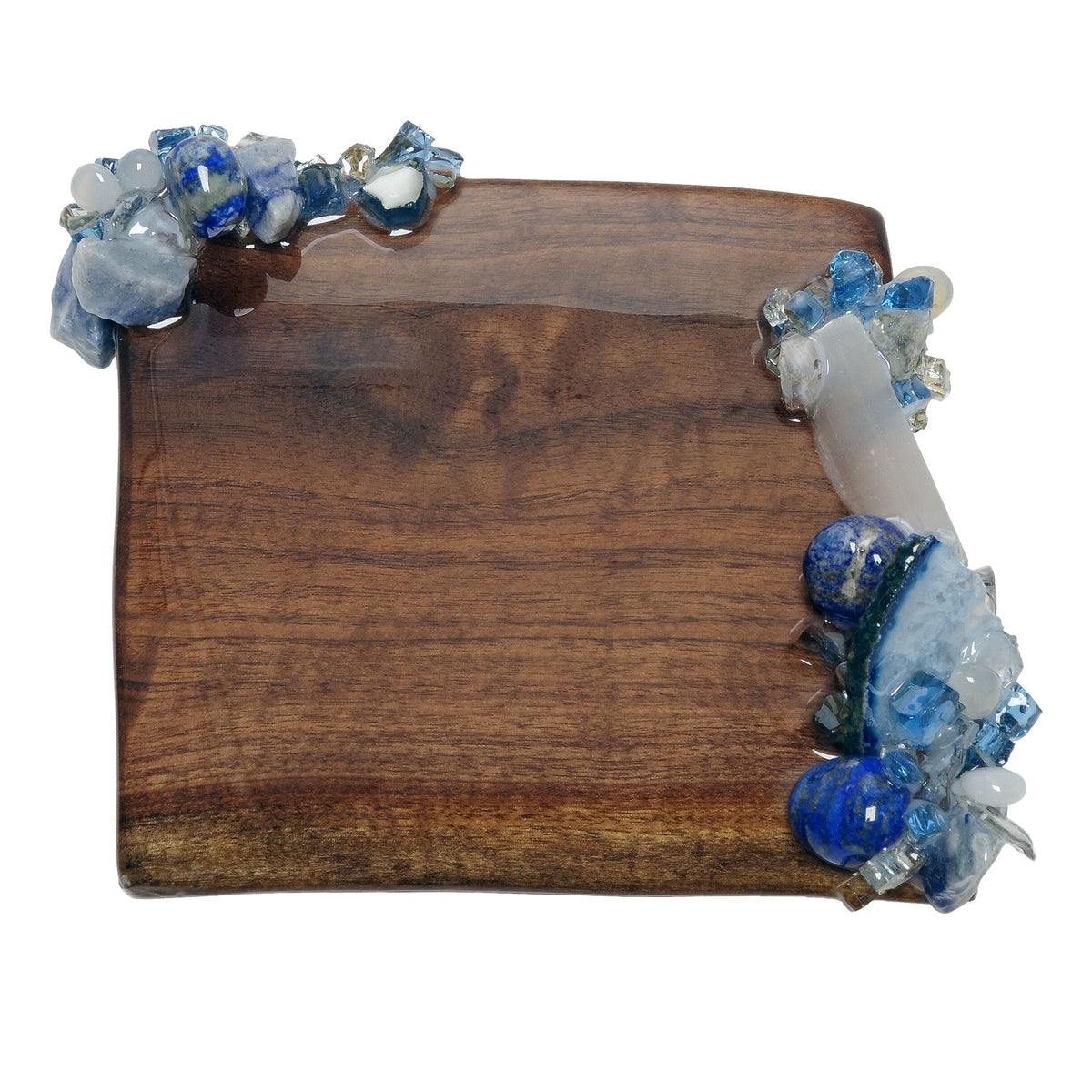 Square Azure Cocktail Napkin Holder with blue, clear and white minerals along 2 opposite corners