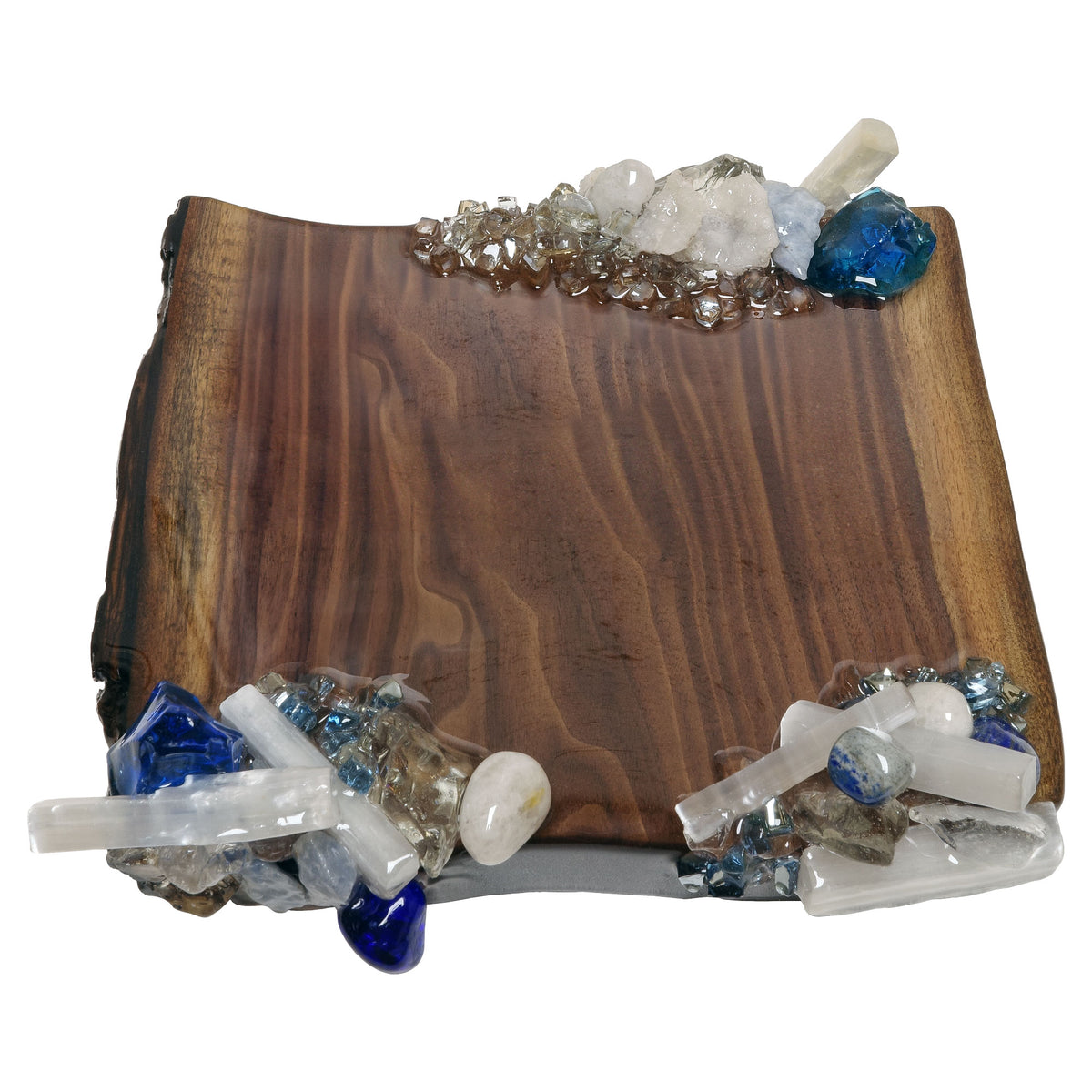 Rectangle Azure Vanity Tray with clusters of blue, clear and white stones on opposite long sides.