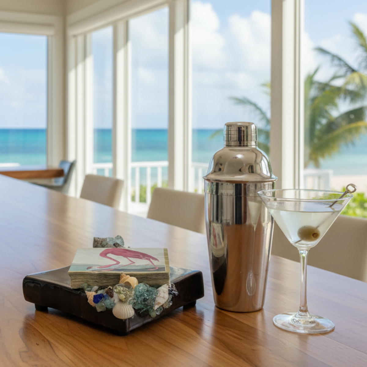 Coastal cocktail napkin holder, cocktail shaker and glass on a table with ocean view