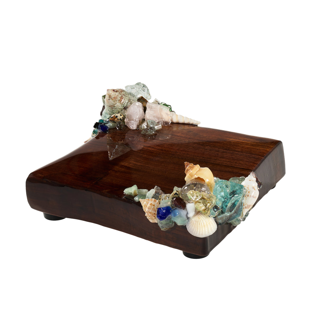 Square Coastal Cocktail Napkin Holder with clusters of glass, sea shells, and natural minerals in 2 opposite corners.