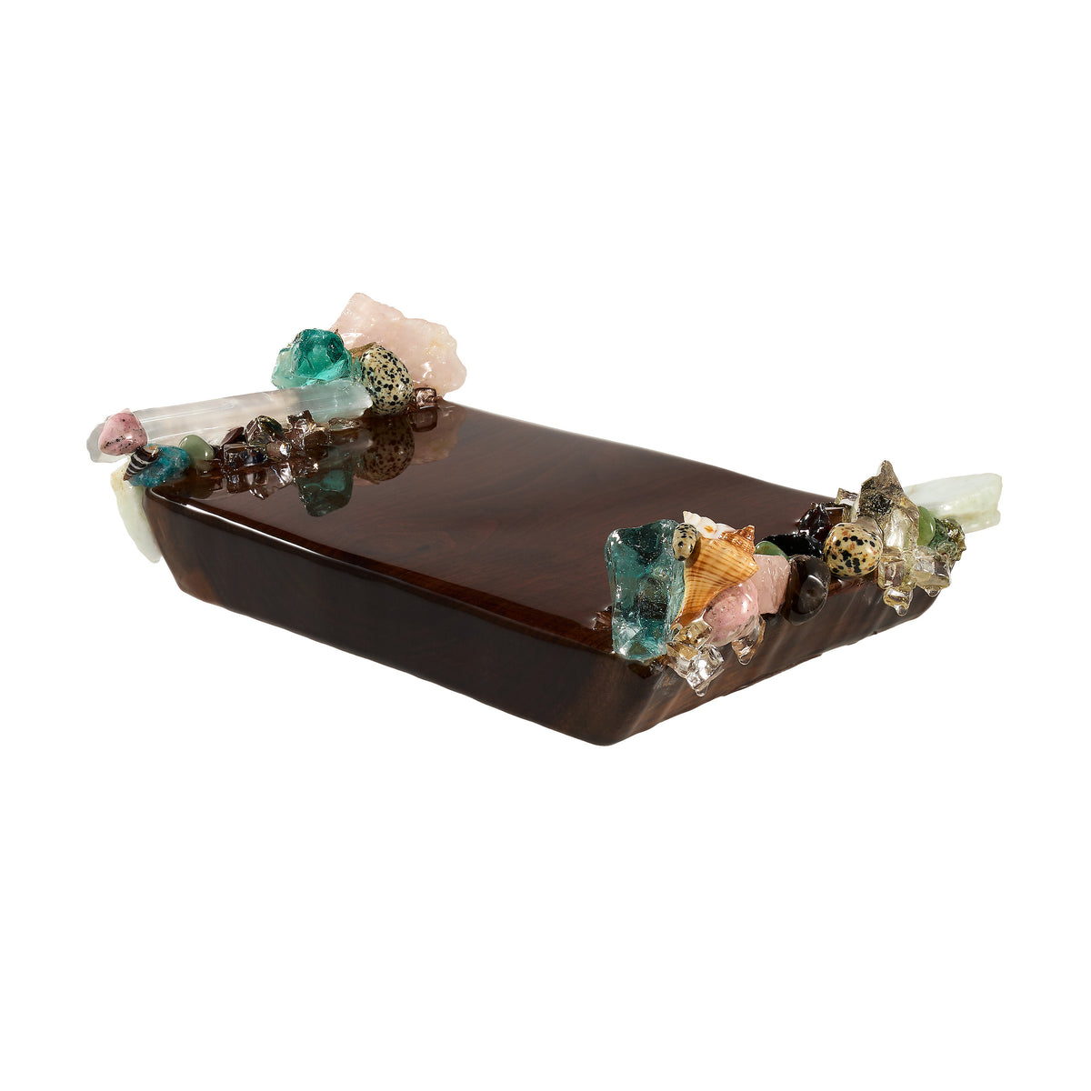 Coastal Guest Towel Holder with clusters of glass, sea shells, and natural minerals along the 2 short sides.