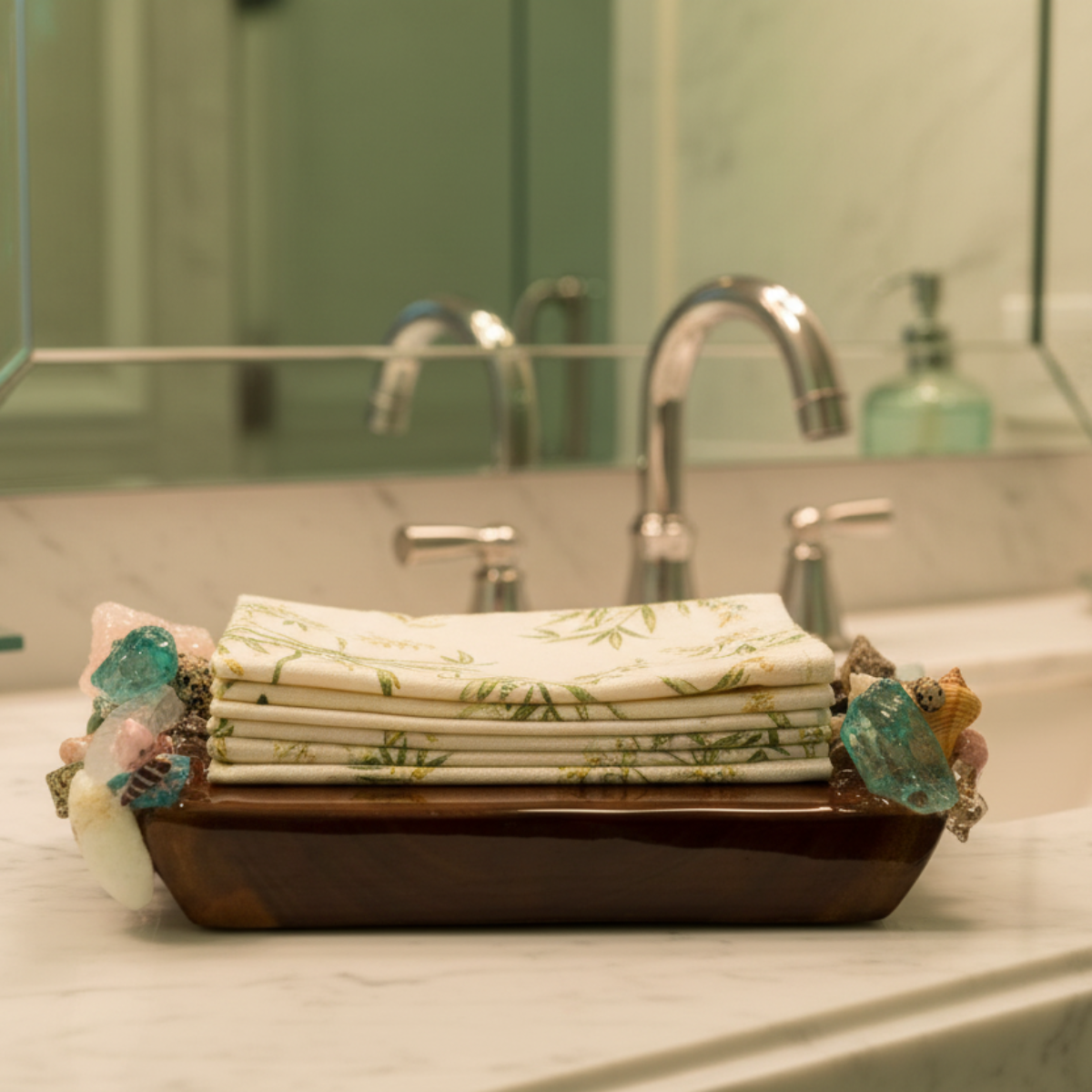 Coastal Guest Towel Holder on bathroom counter holding guest towels.