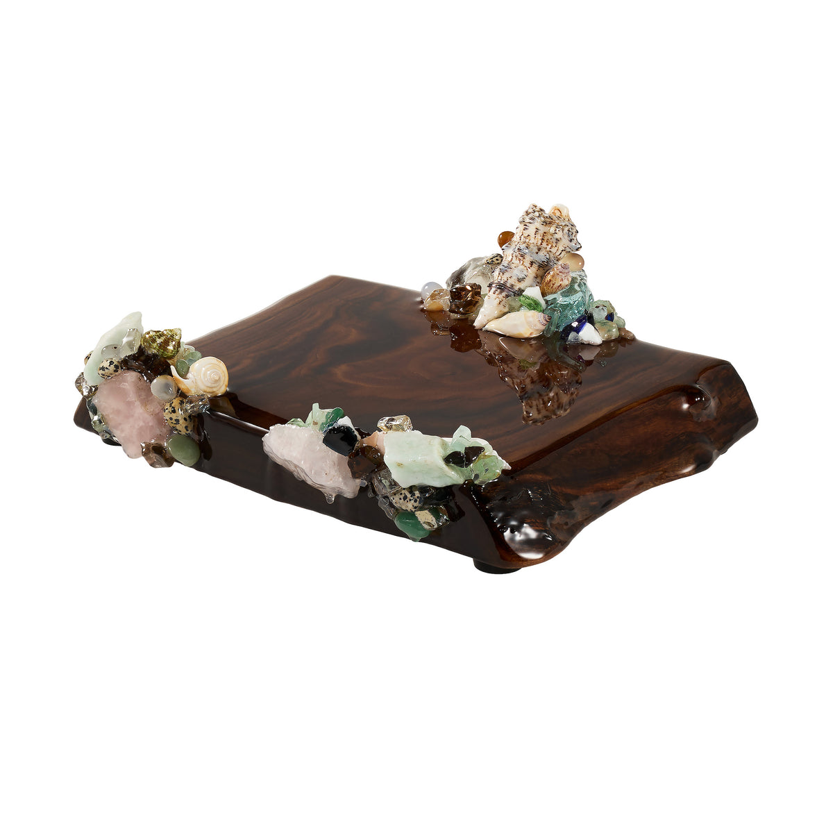 Rectangular Coastal Vanity Tray  featuring  clusters of glass, sea shells, and natural minerals on 2 sides.