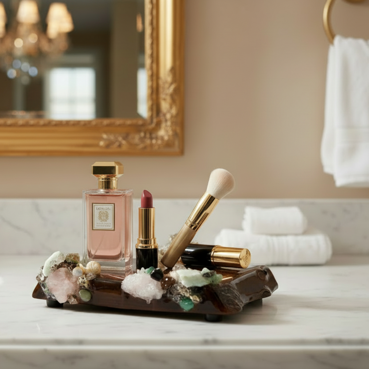 Coastal Vanity Tray with perfume and makeup on a white marble counter.
