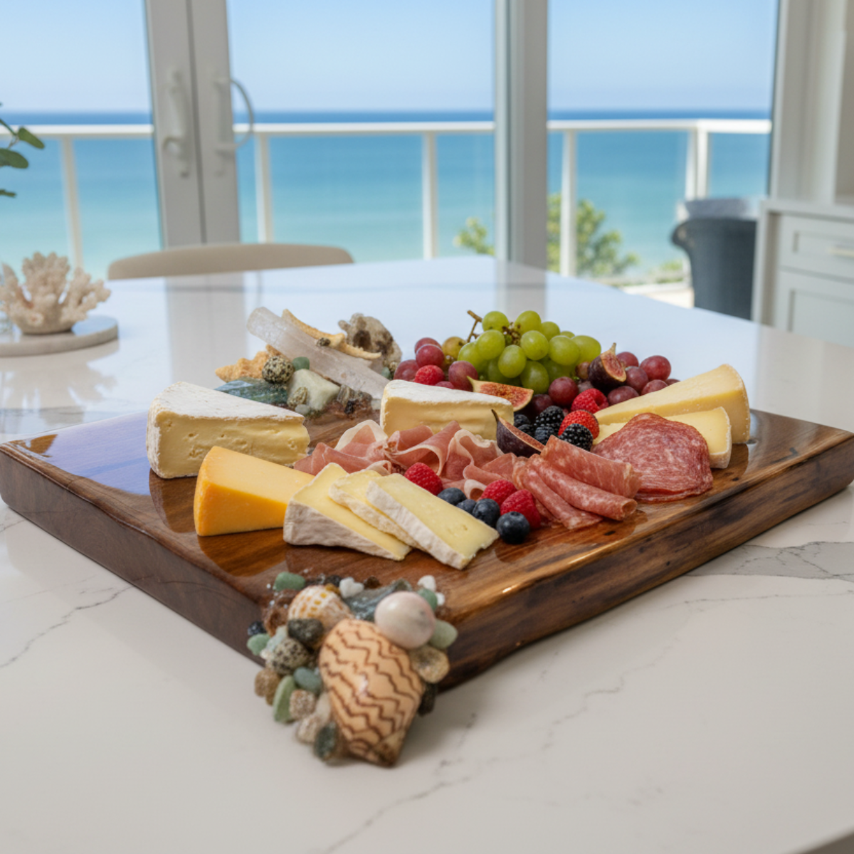 Wooden Coastal charcuterie board with meats, cheeses, and fruits on a table with a beach view.