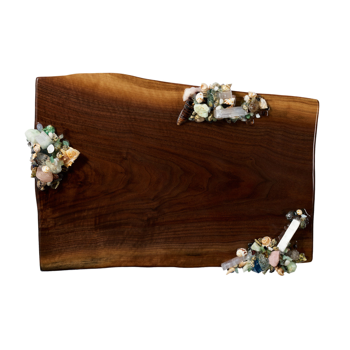 Extra Large Coastal Charcuterie Board with 3 clusters of glass, sea shells, and natural minerals.