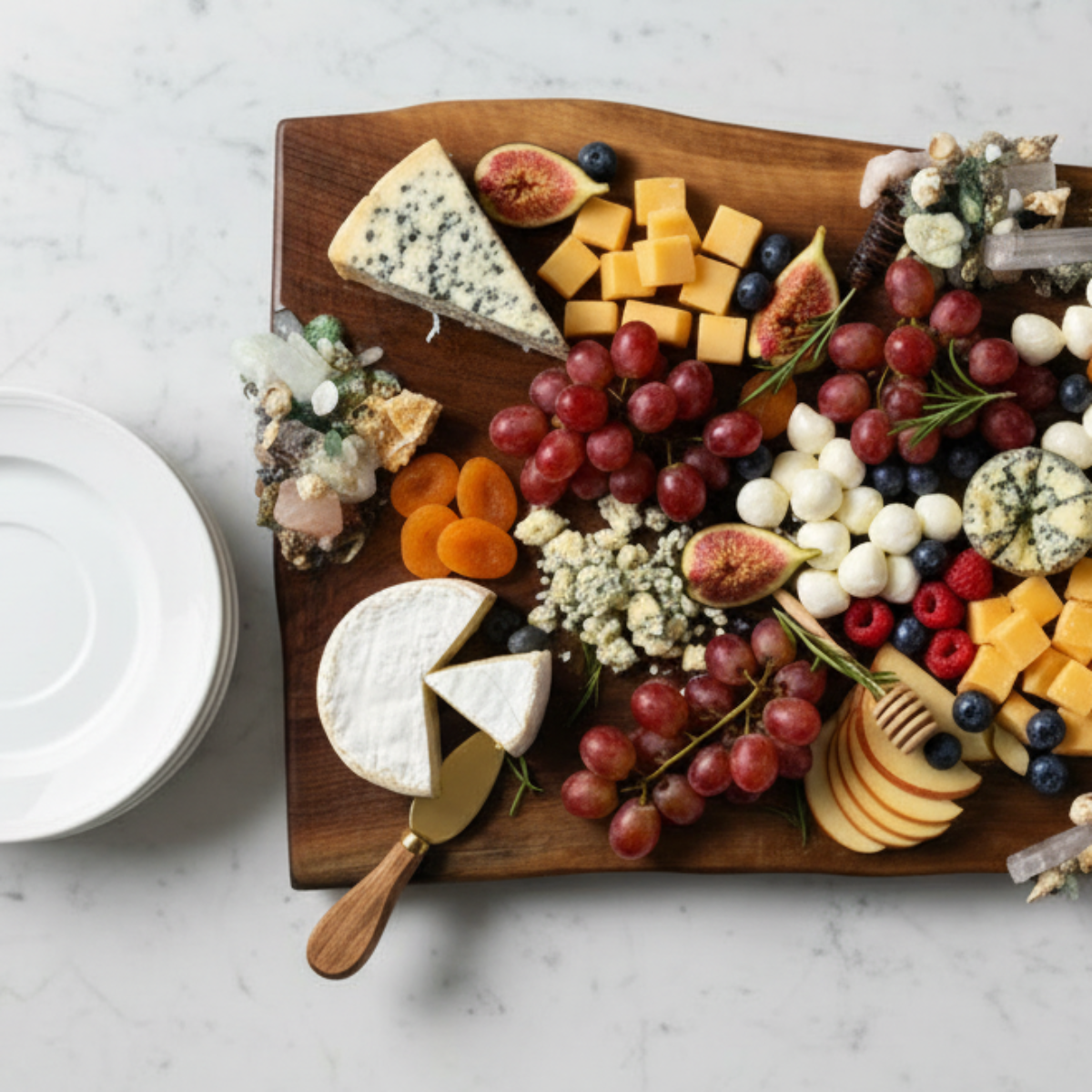 Coastal Charcuterie Board with cheeses, fruits and serving utensils.