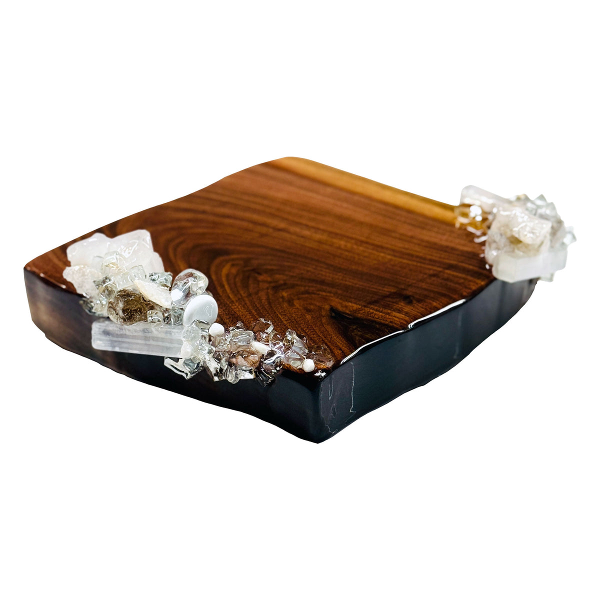Krystallos Square Cocktail Napkin Holder with clusters of white and clear stones at 2 opposite corners.