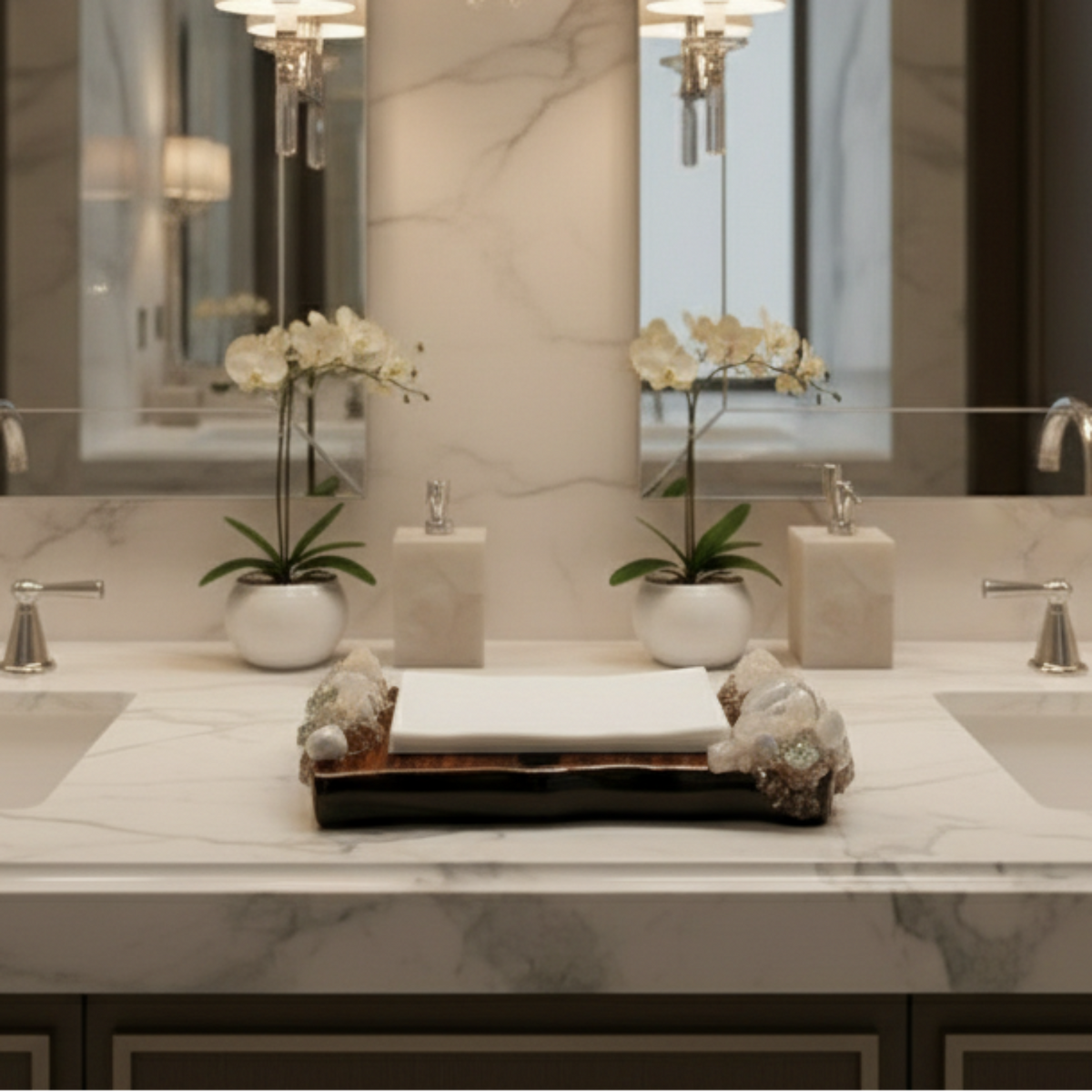 Bathroom vanity with marble countertop, Krystallos guest towel holder, and plants.