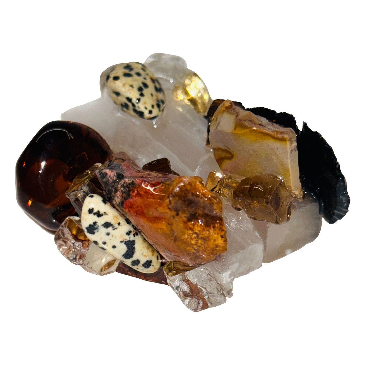 Treasures Place Card Holder with a cluster of earthtone minerals and fossils.