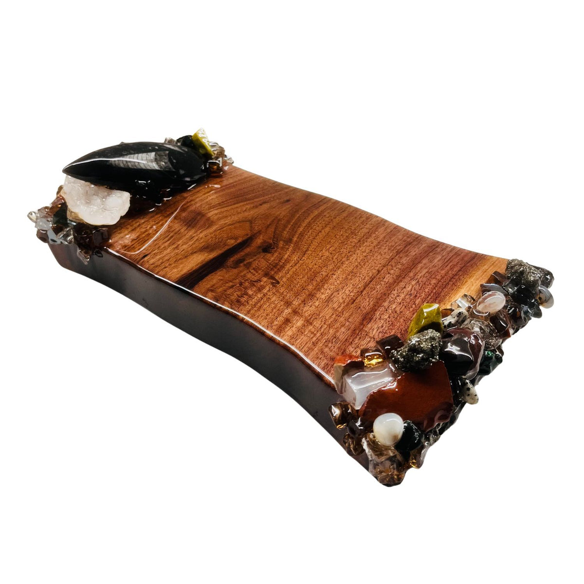 Treasures Guest Towel Tray with earthtone minerals and fossils along 2 short sides.