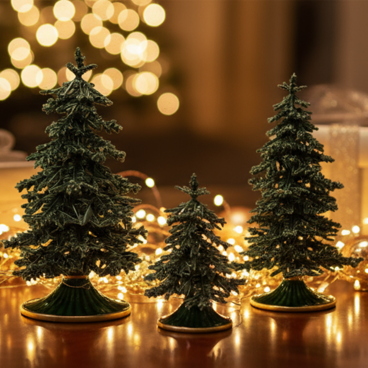 Three small decorative Christmas trees on a reflective surface with blurred lights in the background
