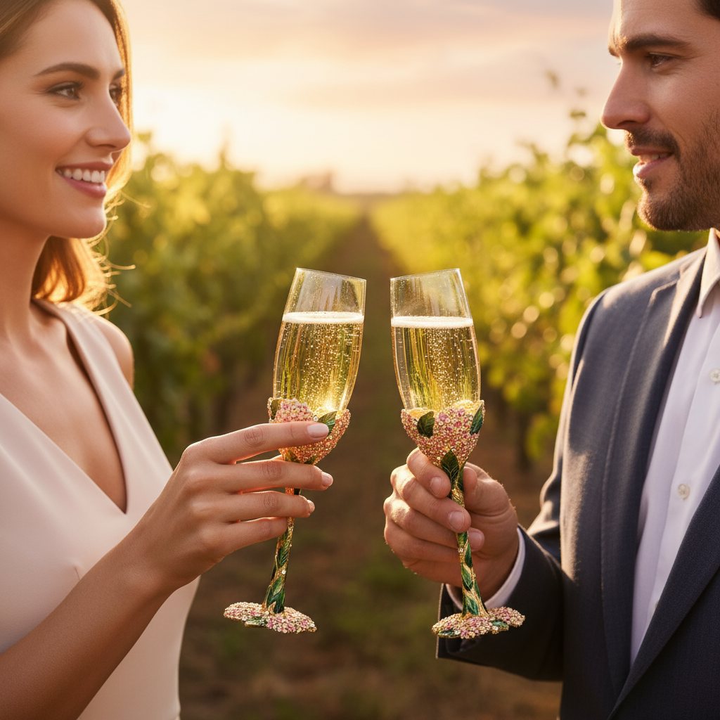 Man and woman holding Lantana flutes in a vineyard at sunset