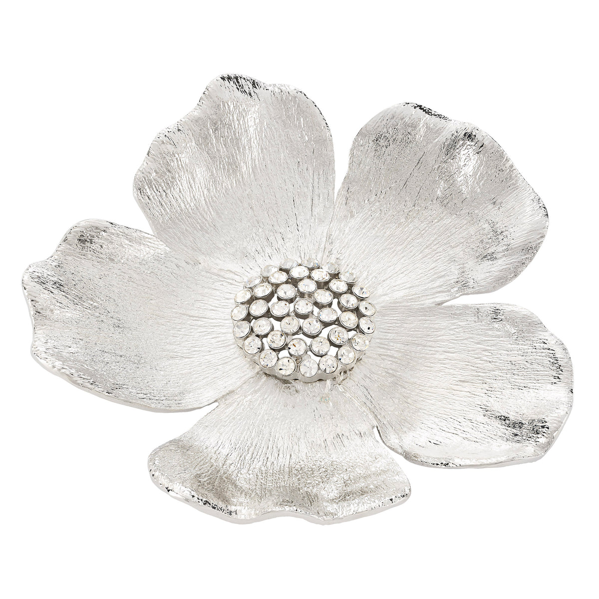 Silver Botanica Catchall Bowl - an open flower with a cluster of clear crsytals at the center.