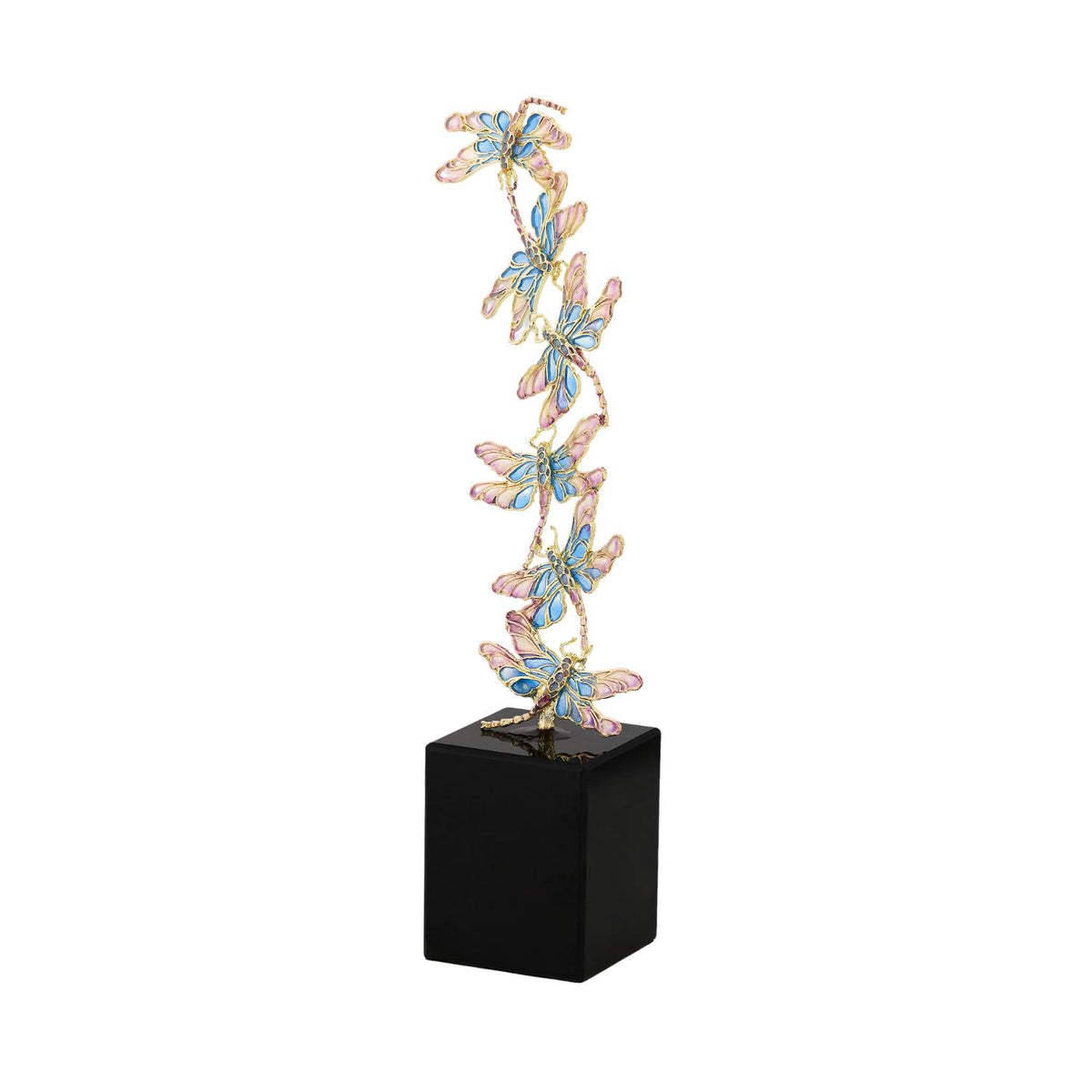 Gilded Mosaic Dragonfly Sculpture with 6 pink and blue butterflies atop a black marble cuboid base.