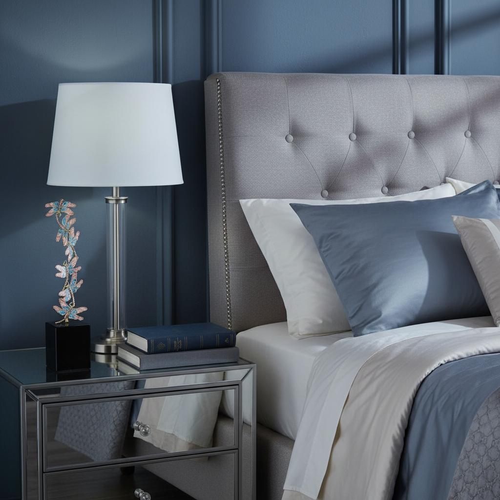Bedroom with gray upholstered headboard, nightstand with Dragonfly Sculpture, and decorative pillows.
