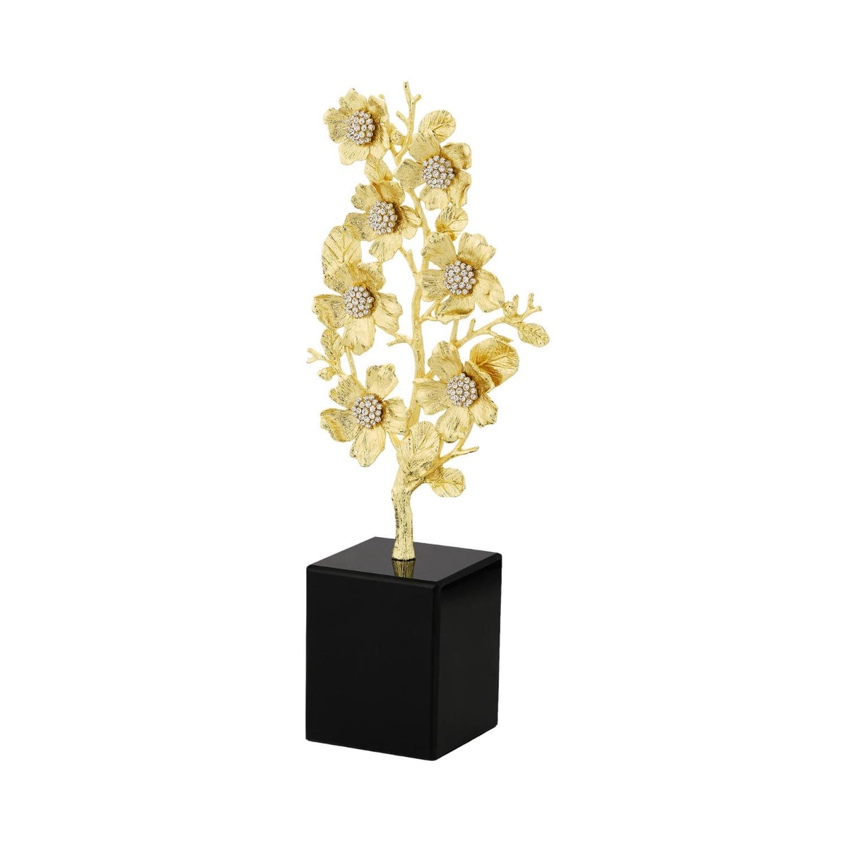Gold Pewter Botanica Sculpture on a black marble rectangluar base. Bloom and stem motif with clusters of clear stones at the cetner of blooms.