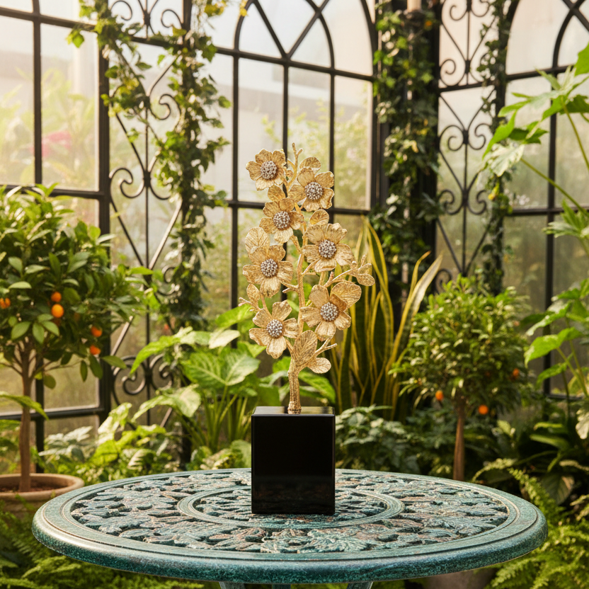 Botanica Sculpture on an antique iron table in a conservatory.