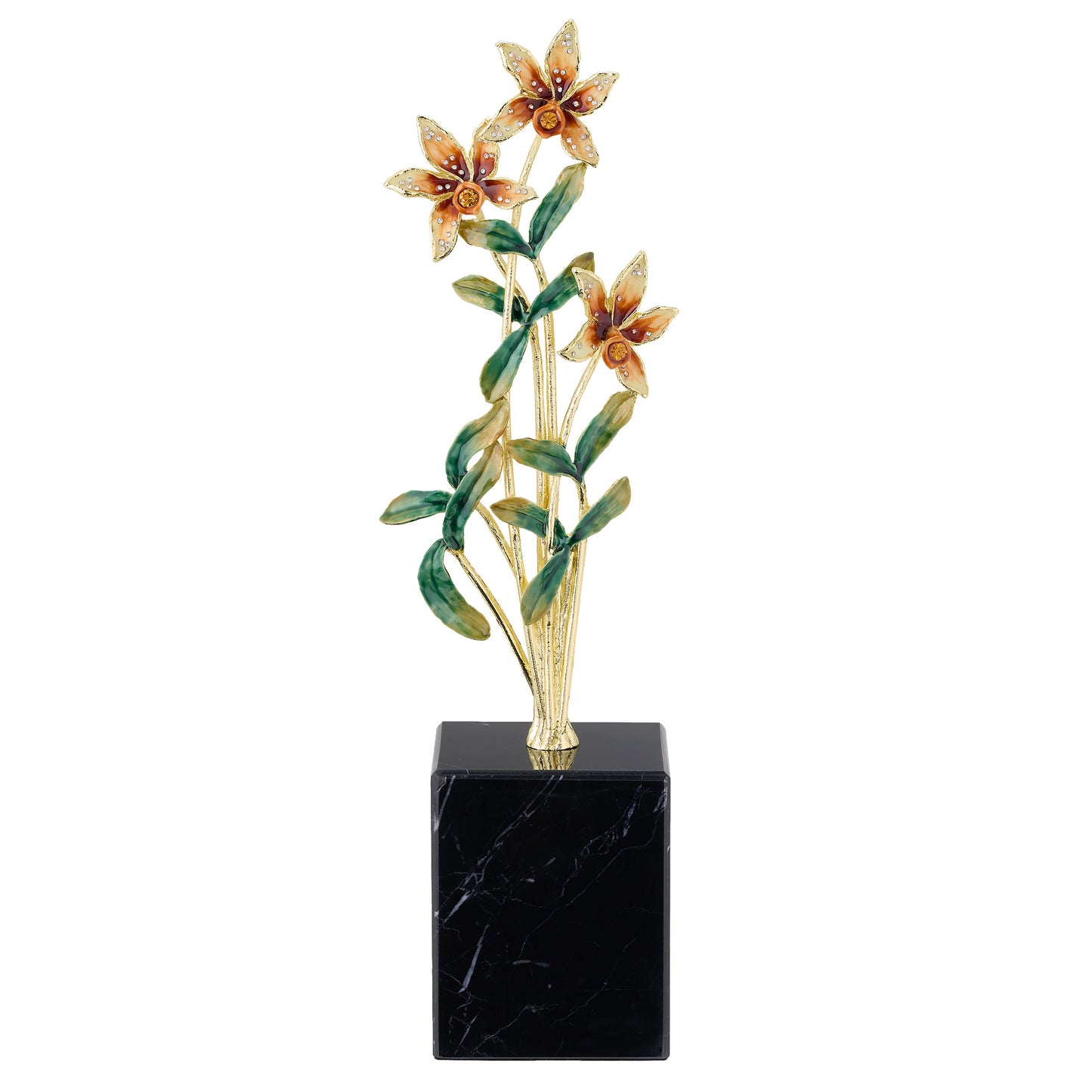 Gold Splendora Sculpture with orange orchid and green leaves on a black marble rectangular prism base.