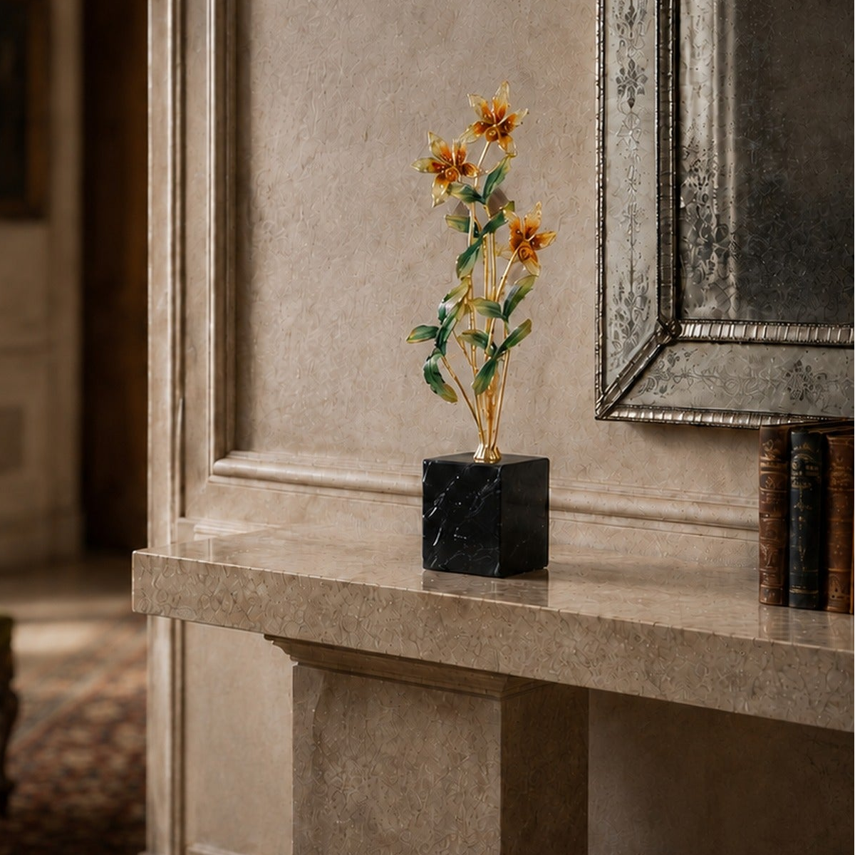 Gold Splendora Sculpture on a natural stone entry table.