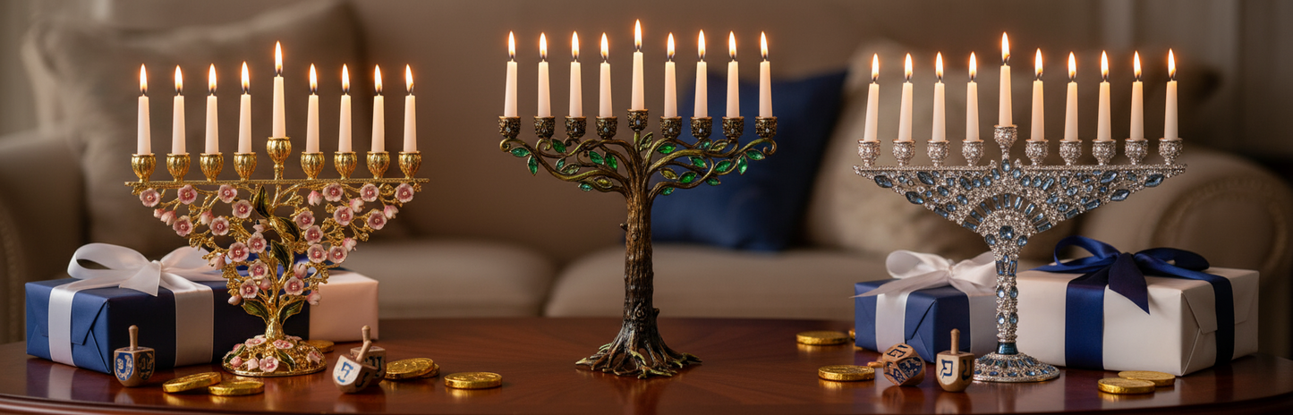 Bella Menorah, Tree Menorah and Silver  Devora Menorah on a coffee table.