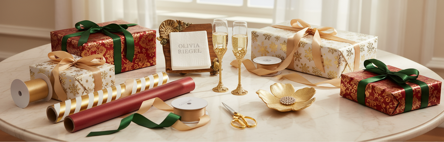 Gift-wrapped presents with ribbons and wrapping paper on a table.