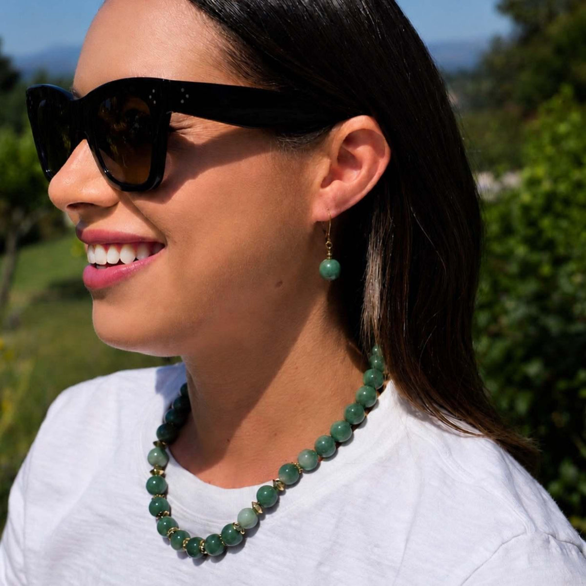 Green Aventurine Round Bead Necklace with matching Green Aventurine Earrings.