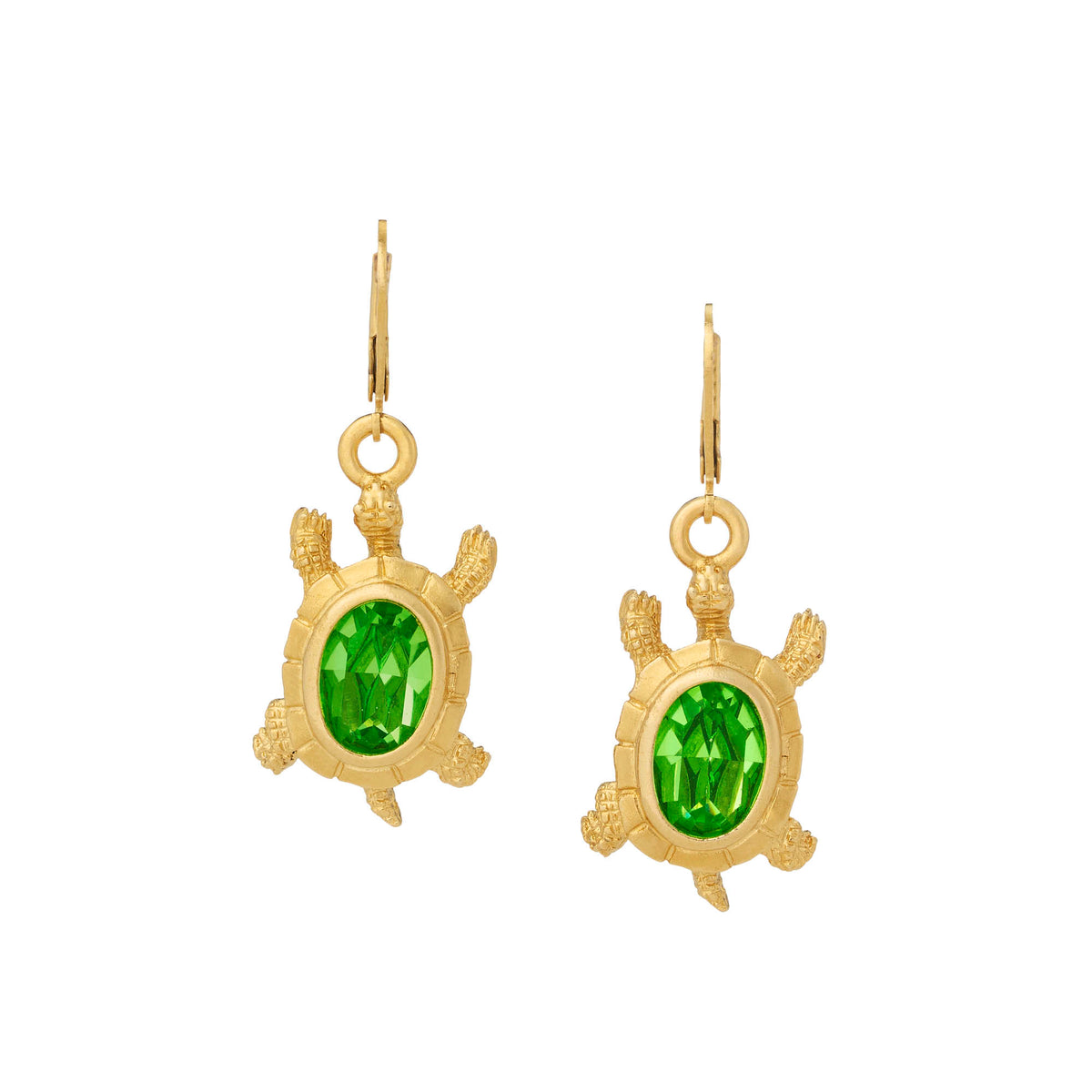 Gold Turtle with green crystal shell Drop Earrings