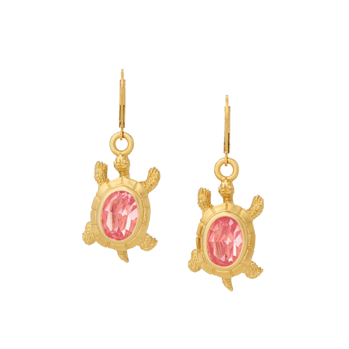Gold Turtle with pink crystal shell Drop Earrings