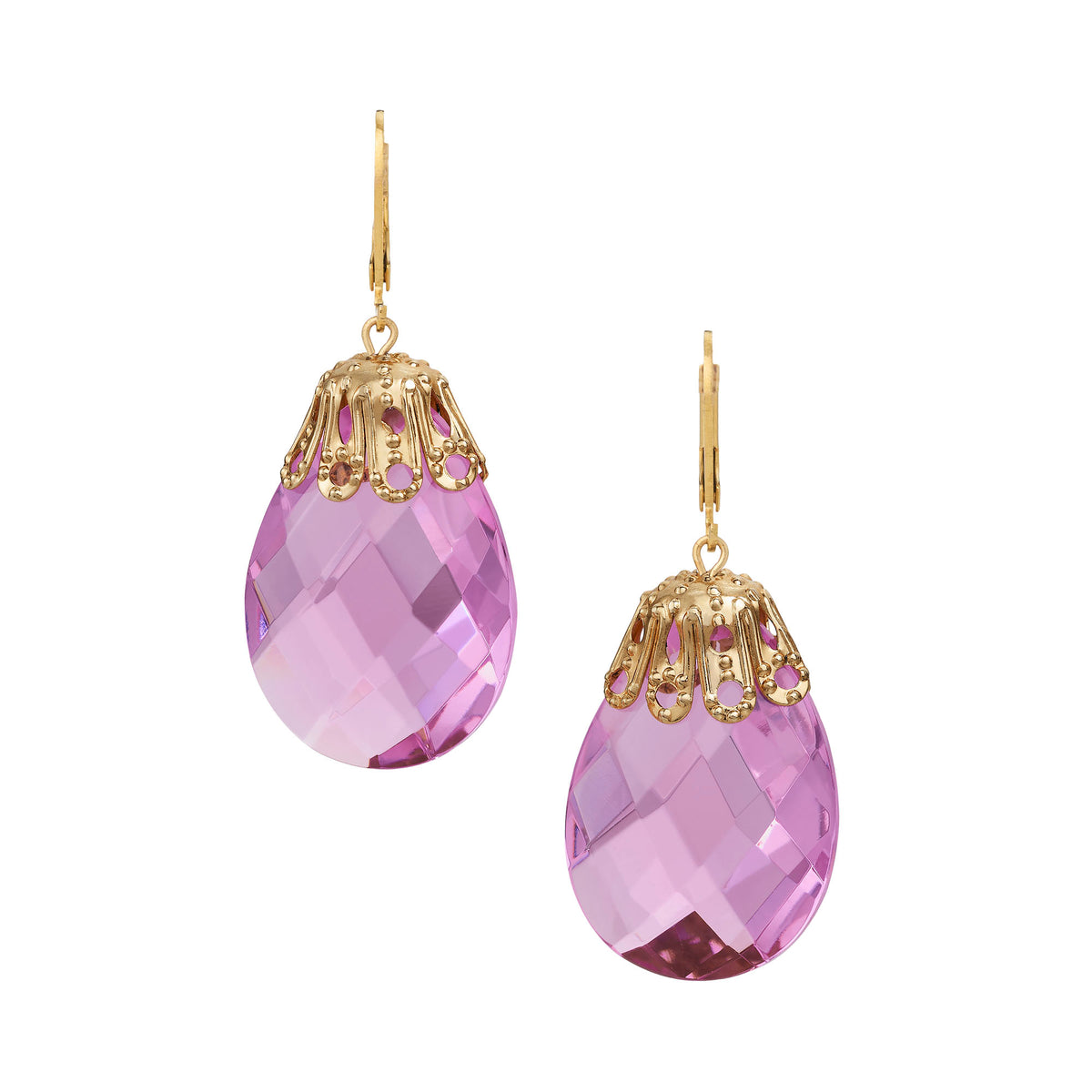 Pink pear-shaped Faceted Crystal Earrings with gold hardware.