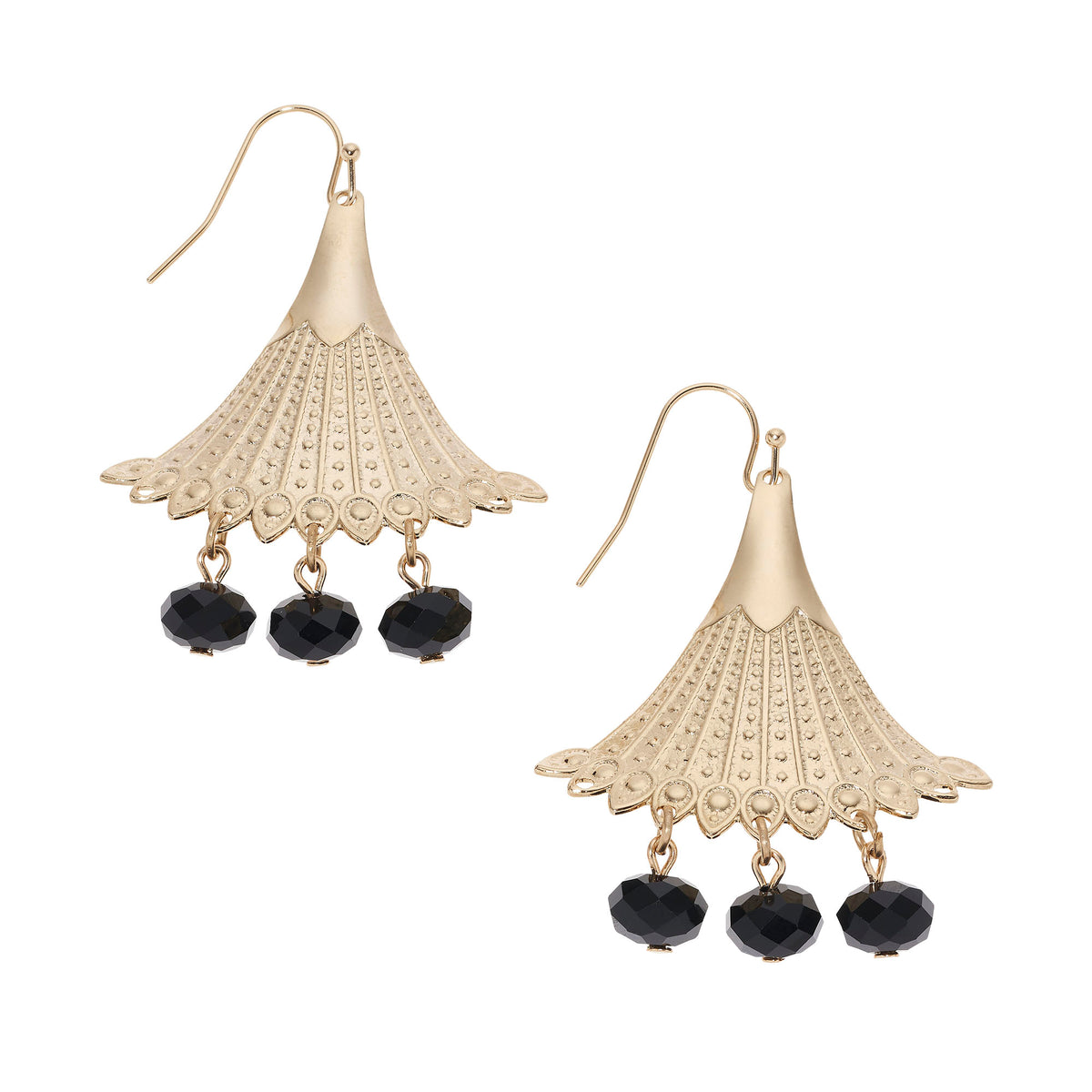 Two gold earrings, each featuring an inverted fan with 3 dangling Jet black beads.
