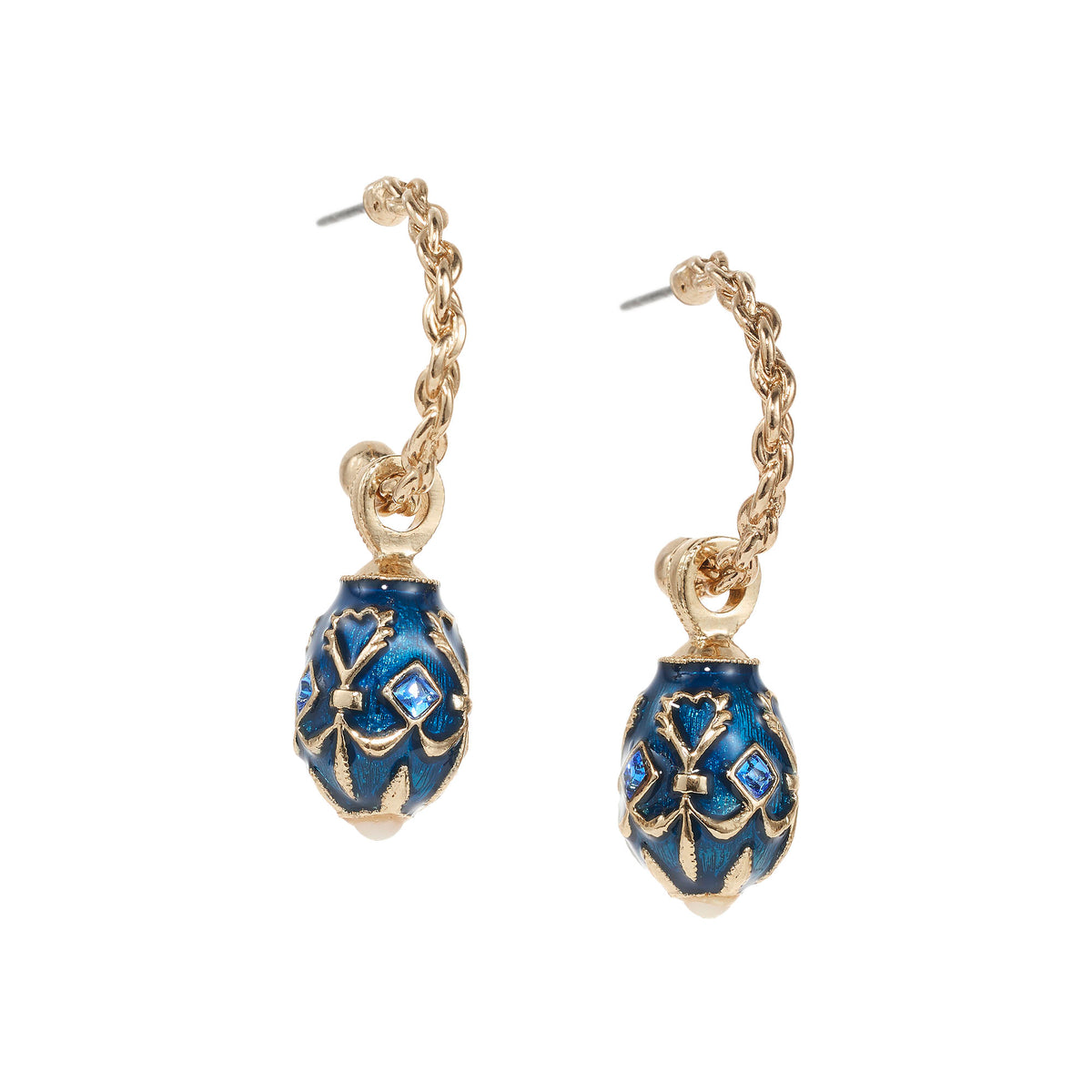 Blue Enamel Egg Hoop Earrings with gold braided hoop and ornate blue and gold egg drop.